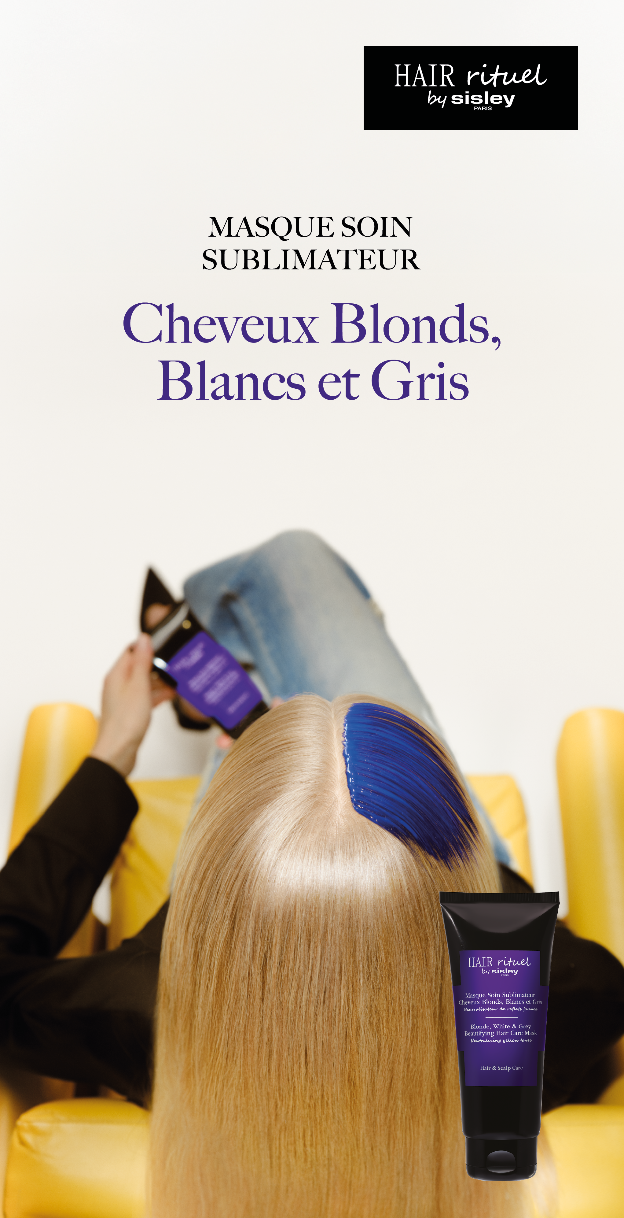 Hair Rituel by Sisley Maske für blondi, wiissi und grayi Haar, mit intensiv violetter Pflege auf de Härspitz.